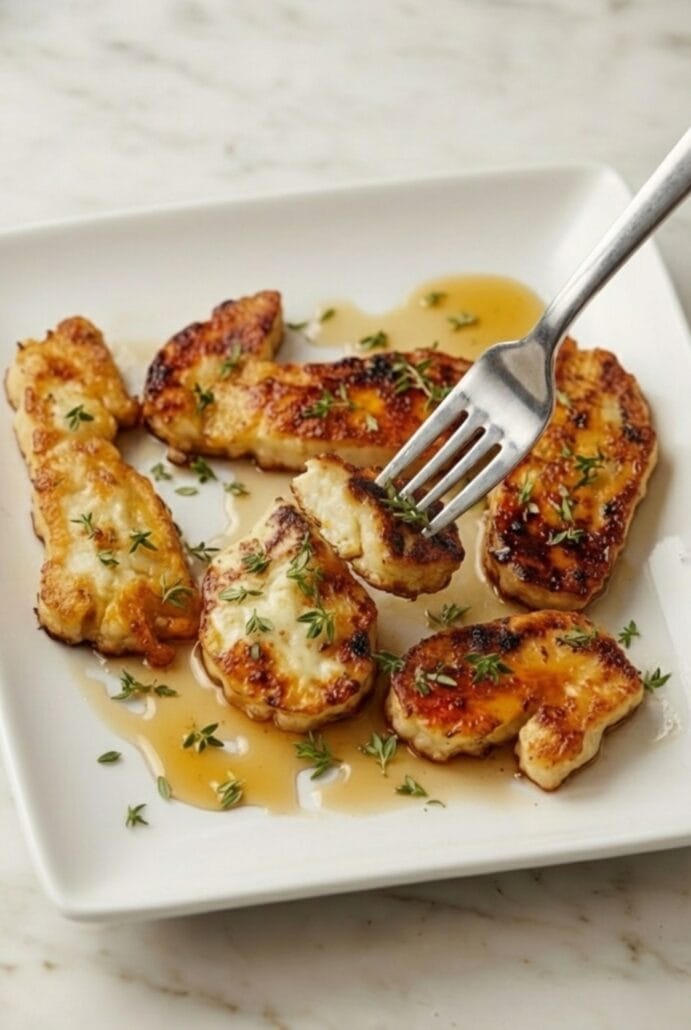 Fork cutting into a slice of hot honey-glazed halloumi on a white plate – ready-to-eat serving of the viral TikTok Hot Honey Halloumi recipe.