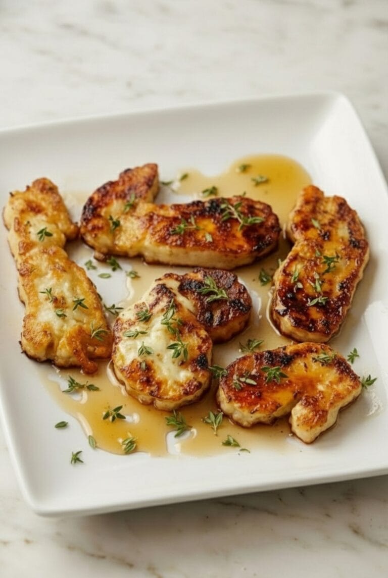 Pan-seared halloumi slices drizzled with hot honey glaze and garnished with thyme on a white plate.