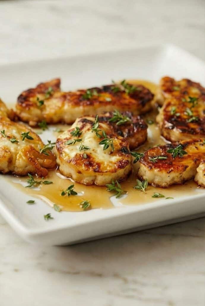 Close-up of seared halloumi slices topped with fresh thyme and hot honey glaze.