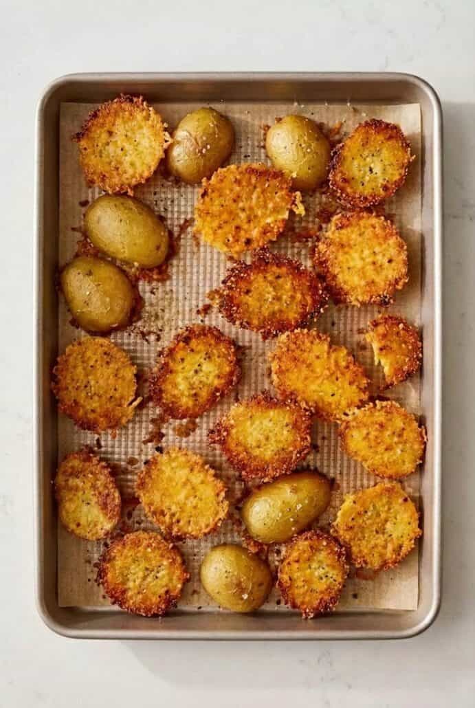 Golden brown TikTok Parmesan Crusted Roasted Potatoes on a baking sheet, perfectly crisp on the bottom.
