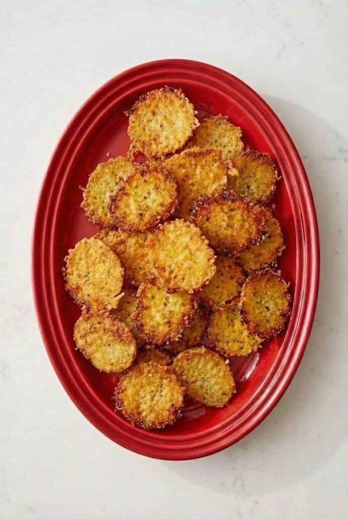Overhead view of crispy Parmesan crusted roasted potatoes arranged on a red serving platter.