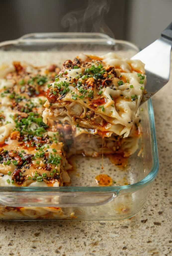 Close-up of layered viral dumpling lasagna in a glass baking dish, showing tender dumpling wrappers and juicy chicken filling topped with sesame sauce, chili oil, and fresh chives.
