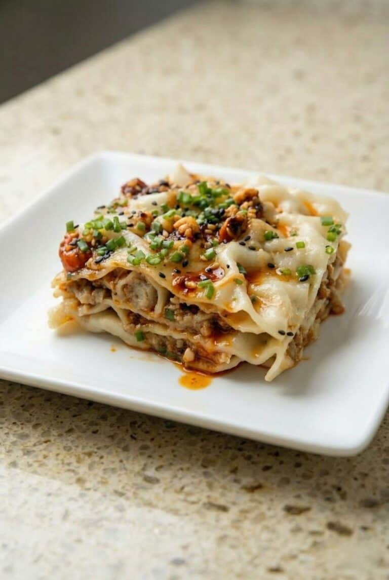 Slice of viral dumpling lasagna layered with dumpling wrappers and savory chicken filling, topped with sesame sauce and chili oil.