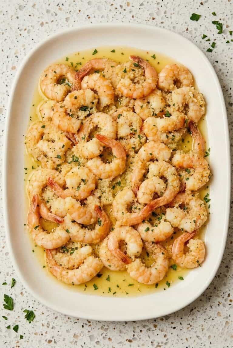 A plate of baked shrimp scampi in garlic butter sauce, topped with a sprinkle of fresh parsley.