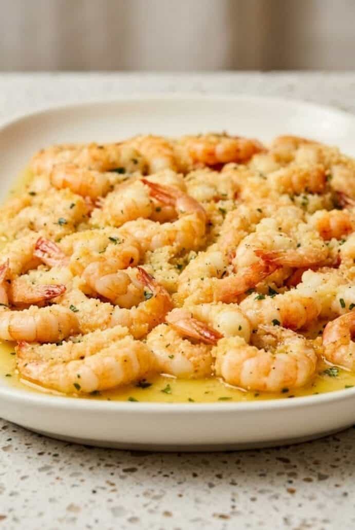 Baked shrimp scampi served on a plate, featuring golden shrimp in garlic butter sauce.