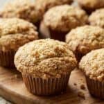 Freshly baked banana crumb muffins with a golden brown crumb topping.