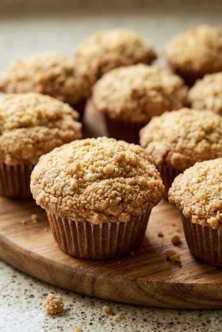Freshly baked banana crumb muffins with a golden brown crumb topping.