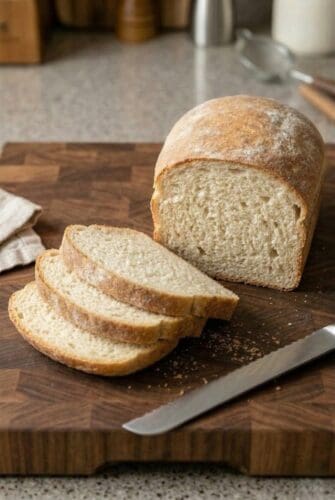 Bread Machine Cottage Cheese Bread | Easy Soft & Fluffy Loaf Recipe Freshly baked loaf of bread with three slices cut, showcasing a soft and airy texture.