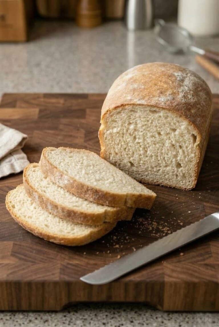 Freshly baked loaf of bread with three slices cut, showcasing a soft and airy texture.