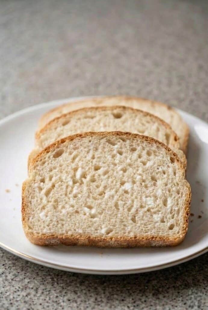 Three slices of freshly baked bread on a plate, showcasing a soft and airy interior with a light, fluffy texture.