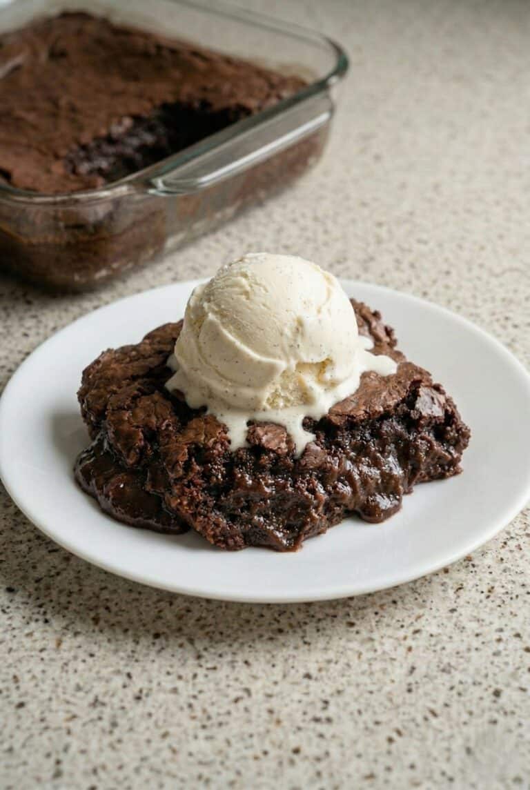 A warm, fudgy chocolate brownie pudding served on a white plate and topped with a large scoop of melting vanilla ice cream.