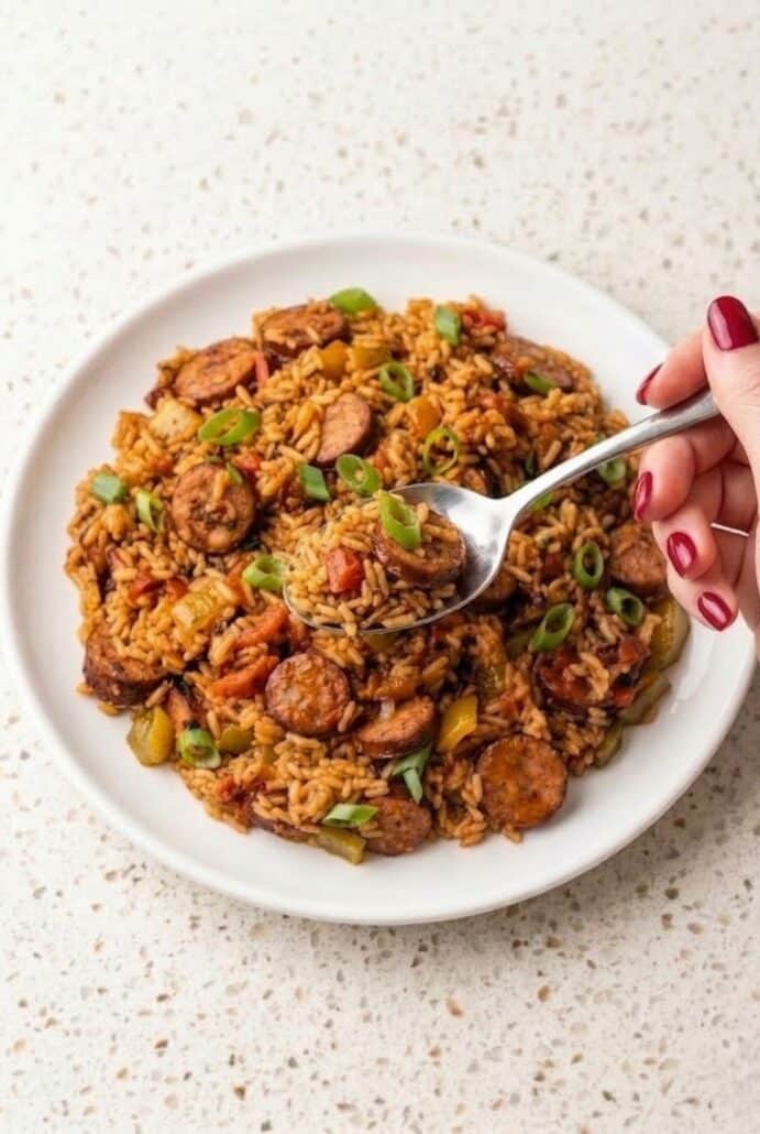 Cajun sausage and rice being served with a fork, showcasing a hearty and flavorful one-pan Cajun meal ready to eat.