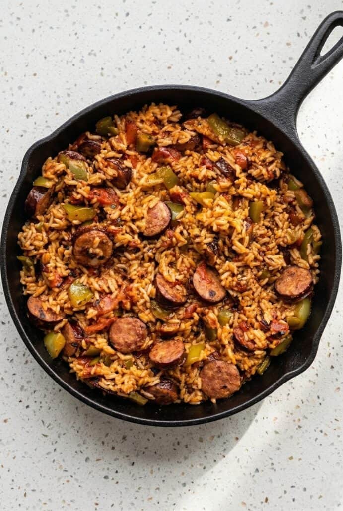 Cajun sausage and rice cooking in a skillet, highlighting this easy one-pan Cajun dinner recipe.
