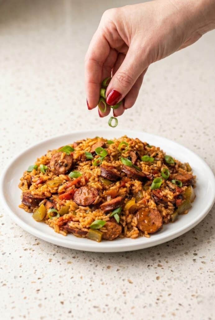 Cajun sausage and rice plated and garnished with green onions, ready to serve.