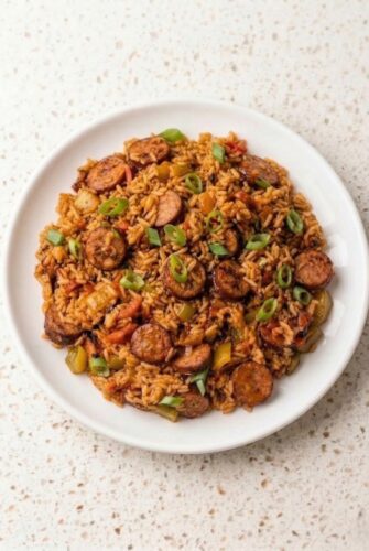 Cajun Sausage and Rice Skillet - One-Pan Dinner Recipe Cajun sausage and rice skillet served in a bowl, showcasing a flavorful one-pan dinner.