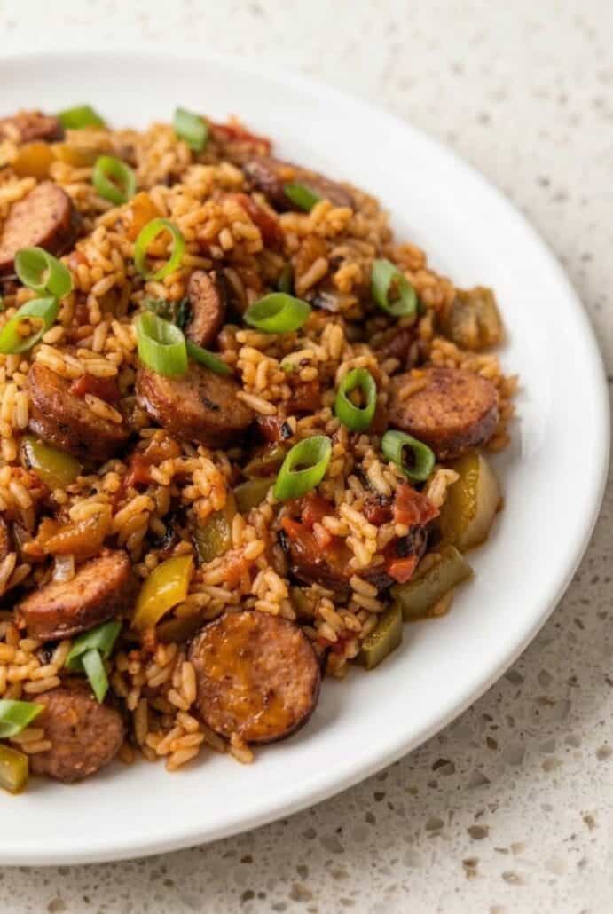 Close-up of Cajun sausage and rice with sliced sausage and green onions, highlighting the texture and flavor.