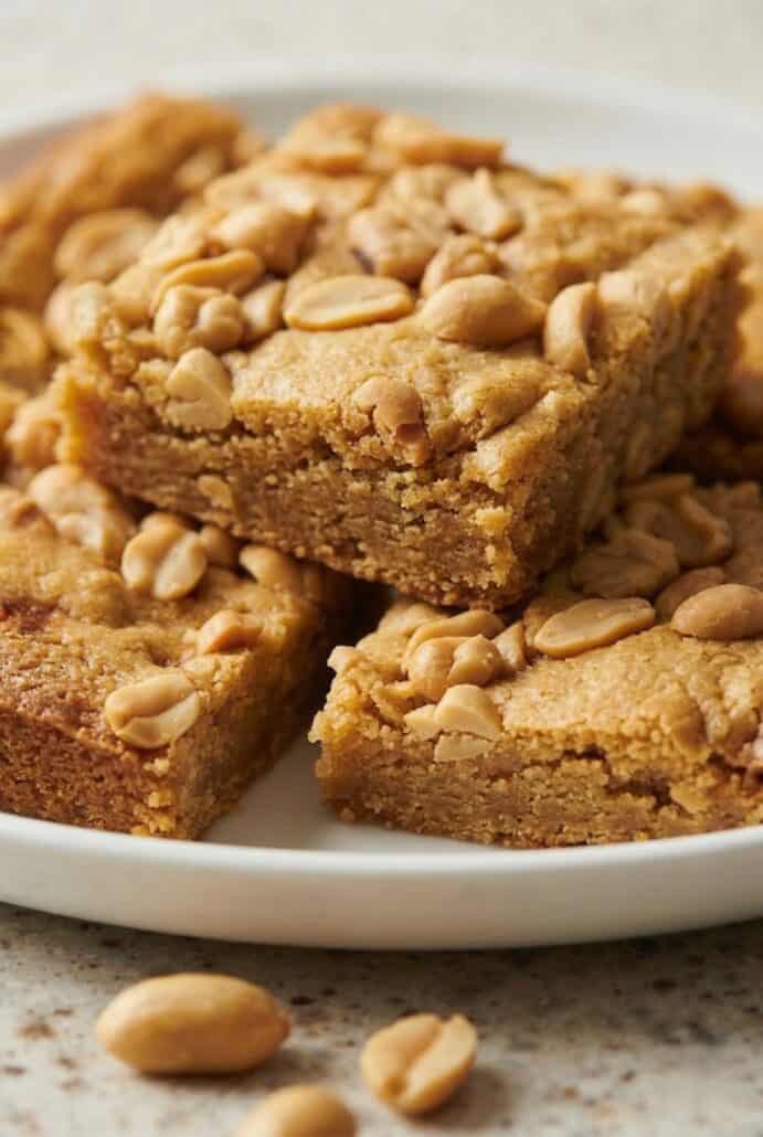 Chewy peanut butter brownies cut into squares and topped with peanut butter chips, shown on a plate to illustrate the soft texture and rich peanut butter flavor.