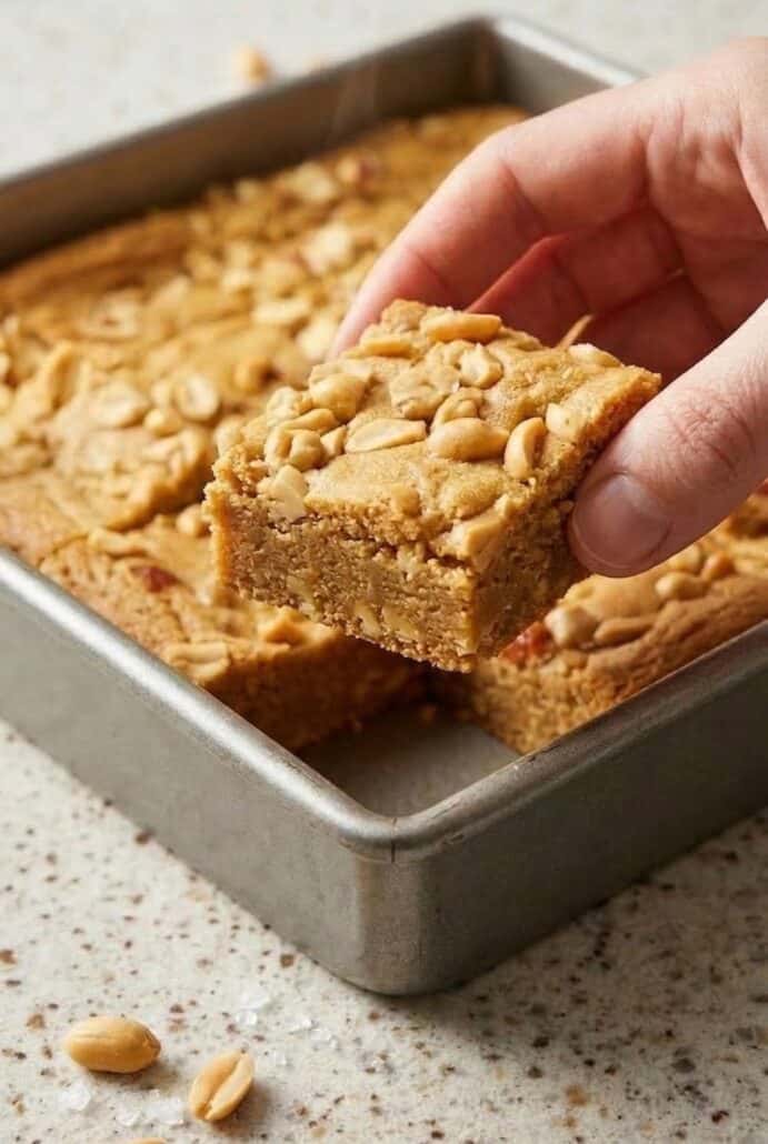 Hand lifting a chewy peanut butter brownie square from a baking pan, showing the soft texture.