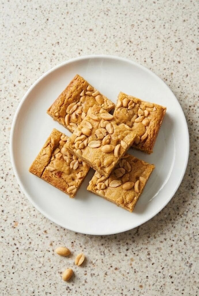Plate of chewy peanut butter brownies topped with peanut, showing the finished dessert from this easy homemade peanut butter brownie recipe.