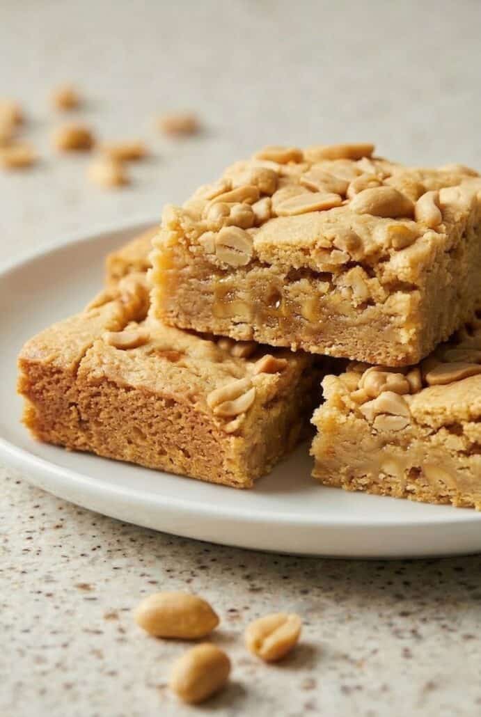 Stack of chewy peanut butter brownies topped with peanut on a plate, highlighting the soft texture and rich peanut butter flavor.