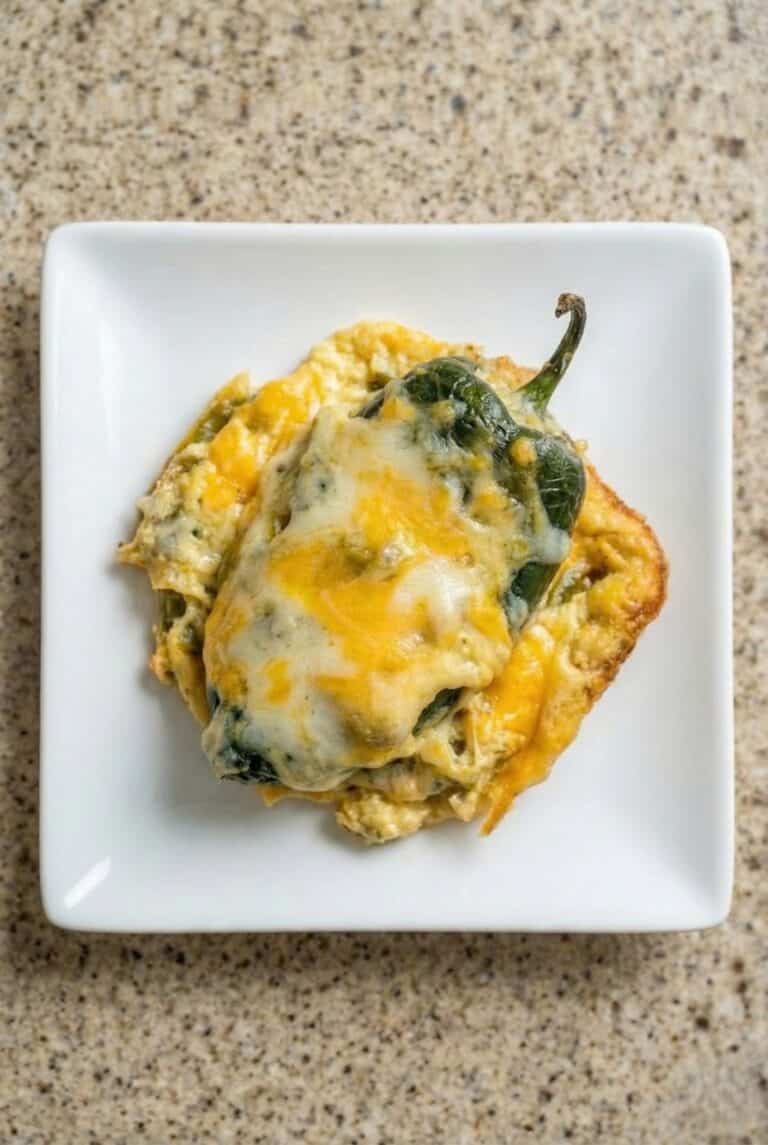 Cheesy chili relleno casserole made with poblano peppers and melted cheese, served on a white plate.