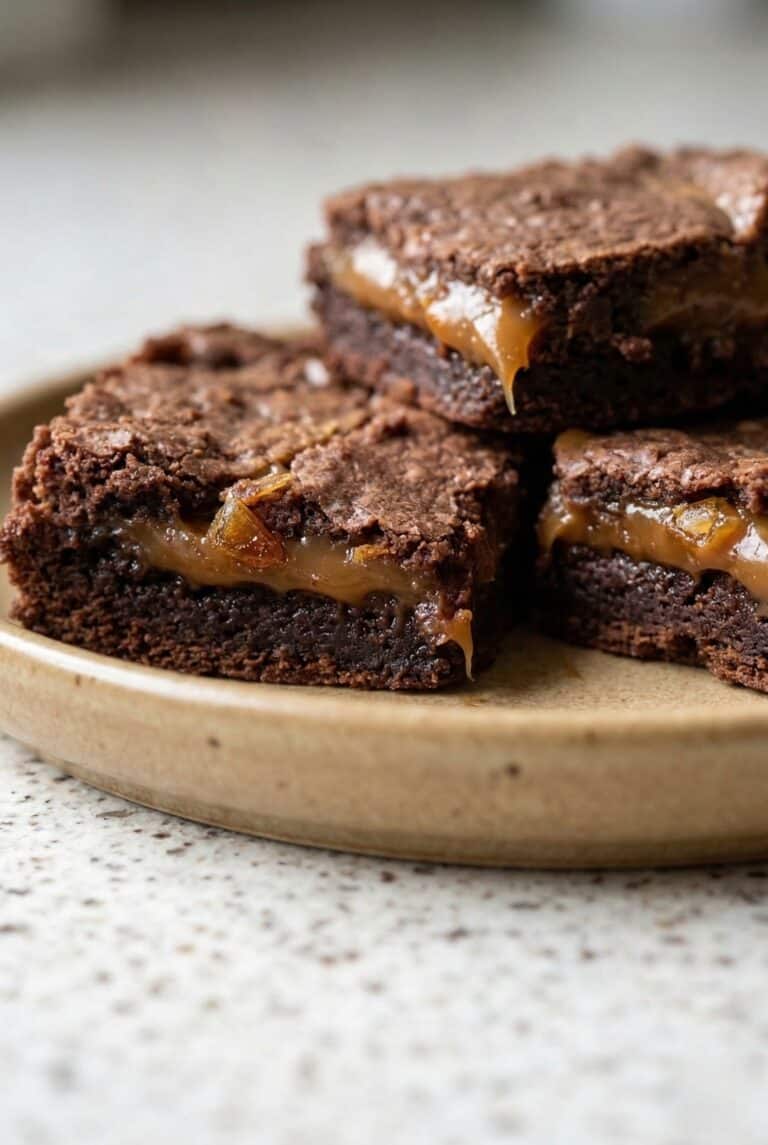 Chocolate caramel brownies with a gooey caramel center and chocolate topping.