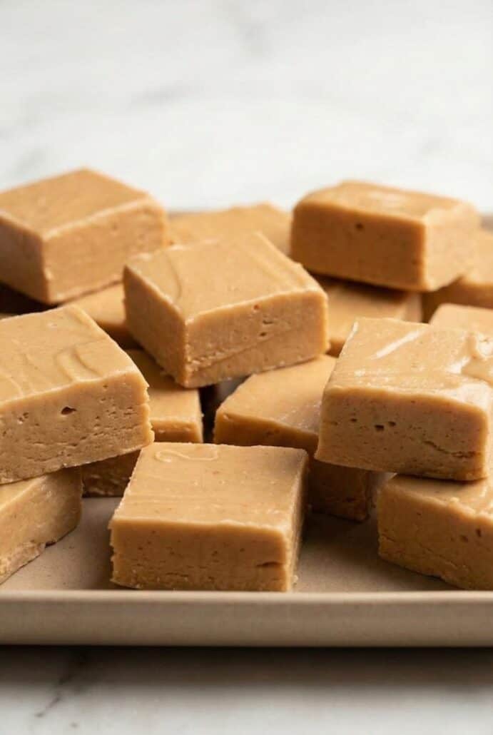 Close-up of smooth and creamy peanut butter fudge squares on a plate, highlighting the rich texture of this easy homemade fudge recipe.
