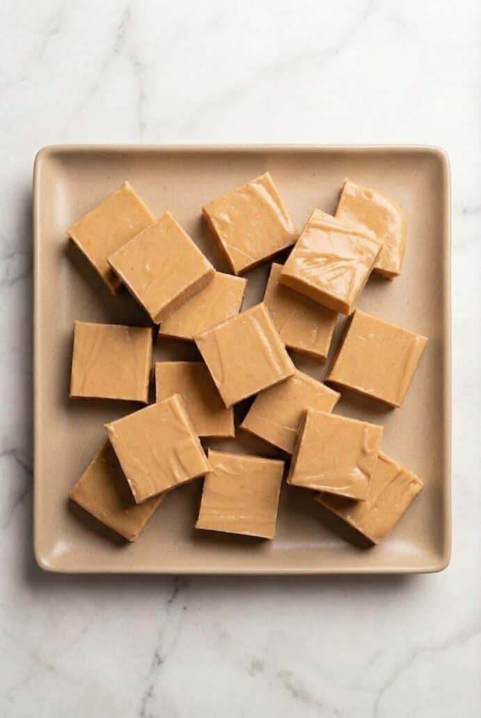 Plate of creamy peanut butter fudge cubes stacked together, ready to serve as a rich and smooth homemade holiday candy treat.