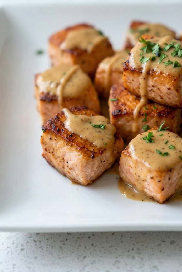 Close-up of crispy bang bang salmon bites with golden sear and herbs, highlighting texture.
