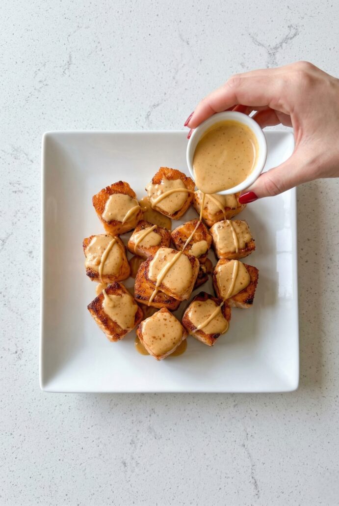 Bang bang sauce being drizzled over crispy salmon bites.