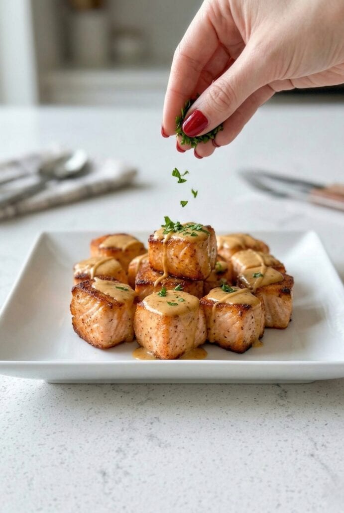 Hand sprinkling fresh herbs over crispy salmon bites with bang bang sauce.