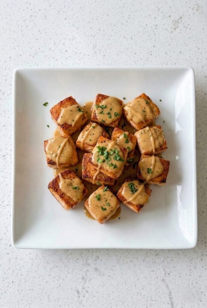 Crispy salmon bites topped with herbs, served as an easy bang bang salmon appetizer or quick dinner recipe.