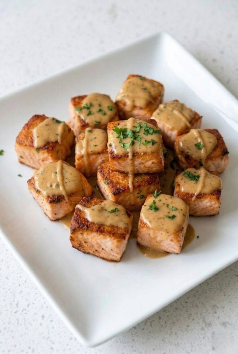 Crispy bang bang salmon bites drizzled with creamy sauce.