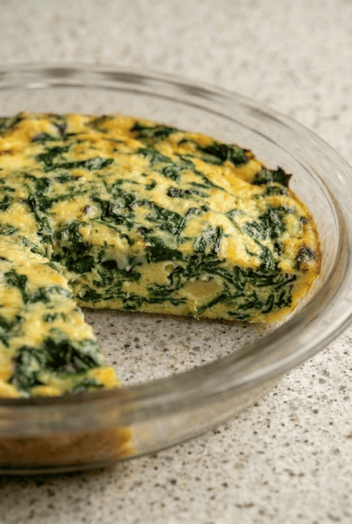 A close-up of a crustless spinach quiche in a glass pie dish with a slice removed, revealing the fluffy spinach and egg filling.