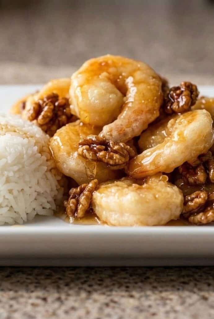 Close-up of honey walnut shrimp topped with candied walnuts and served with steamed white rice.