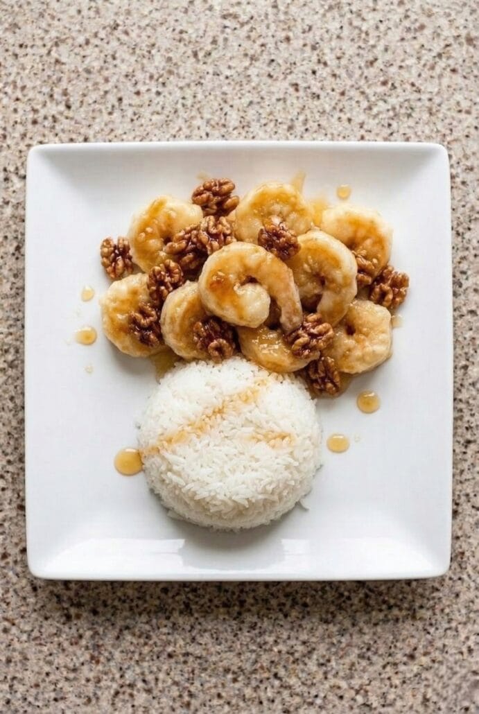 Plate of honey walnut shrimp served with a scoop of white rice, showing the creamy shrimp topped with candied walnuts.
