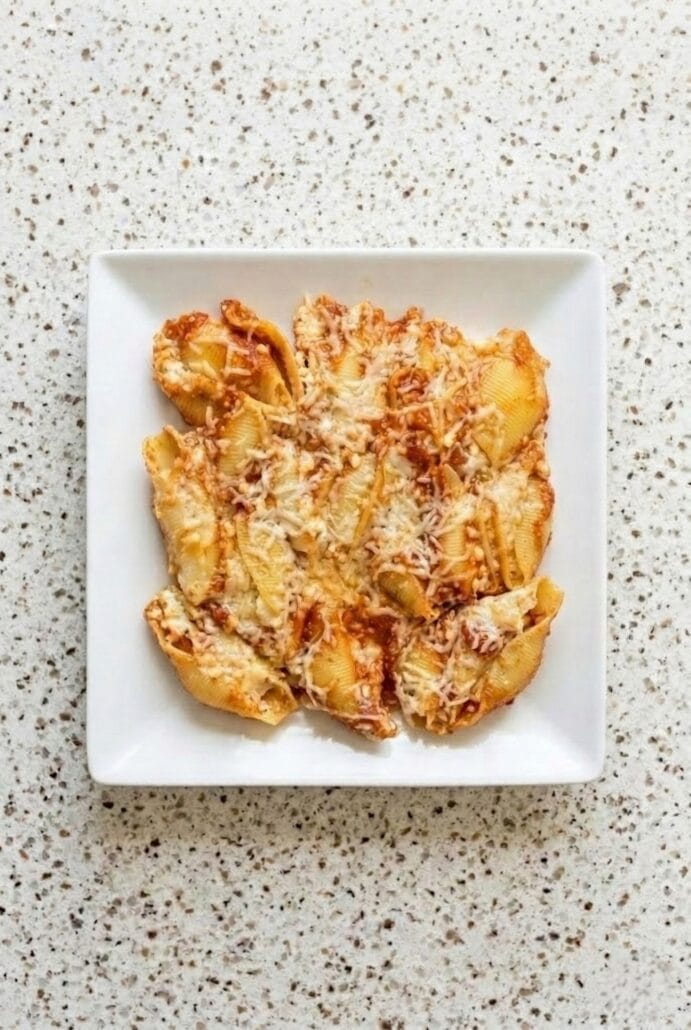 Plated portion of Jumbo Stuffed Shells, topped with melted cheese and baked to perfection, ready to be enjoyed as part of an Italian meal.