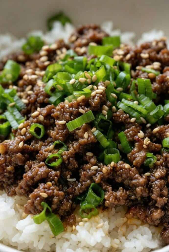 Close-up of Korean ground beef with green onions, showcasing the savory texture in this easy Korean beef bowl recipe.