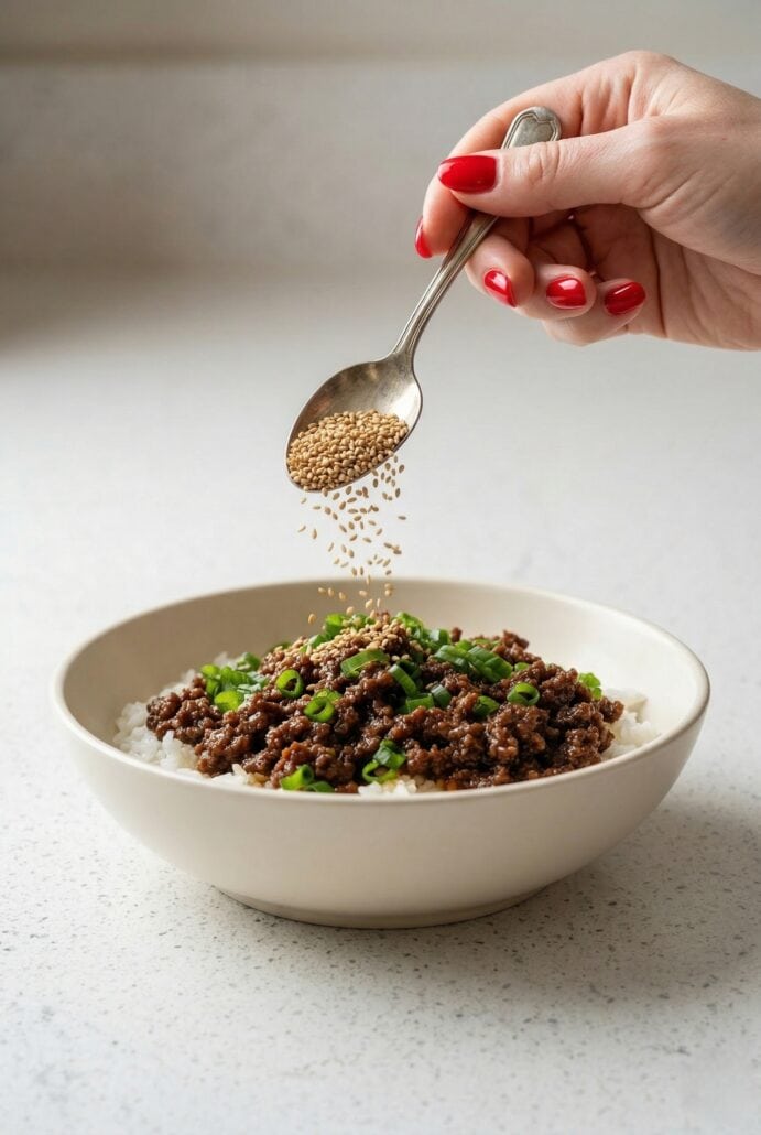 Hand sprinkling seasoning over Korean beef and rice bowl, highlighting this easy flavorful weeknight dinner recipe.