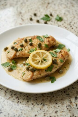 Lemon Chicken Piccata | Easiest Fancy Dinner You'll Ever Make Lemon chicken piccata with capers and parsley on a white plate, topped with lemon slices.
