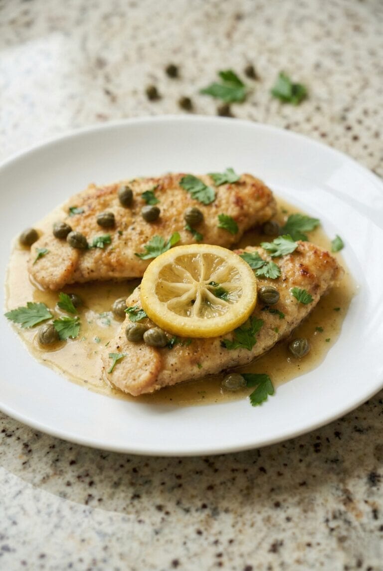 Lemon chicken piccata with capers and parsley on a white plate, topped with lemon slices.