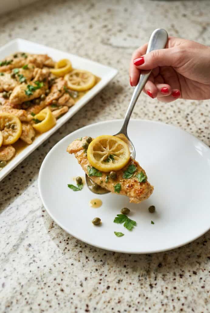 Serving lemon chicken piccata with lemon slices, capers, and parsley onto a plate.