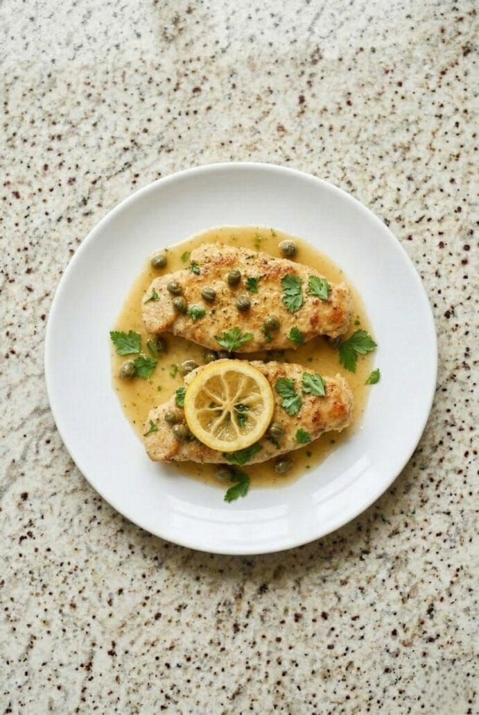 Plate of lemon chicken piccata topped with lemon slices, capers, and parsley, featured in this easy homemade lemon butter chicken recipe.
