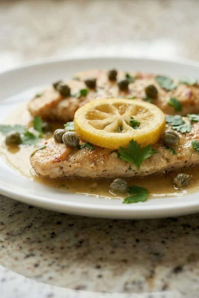Close-up of lemon chicken piccata with capers and fresh parsley, topped with lemon slices and served with a buttery lemon sauce.
