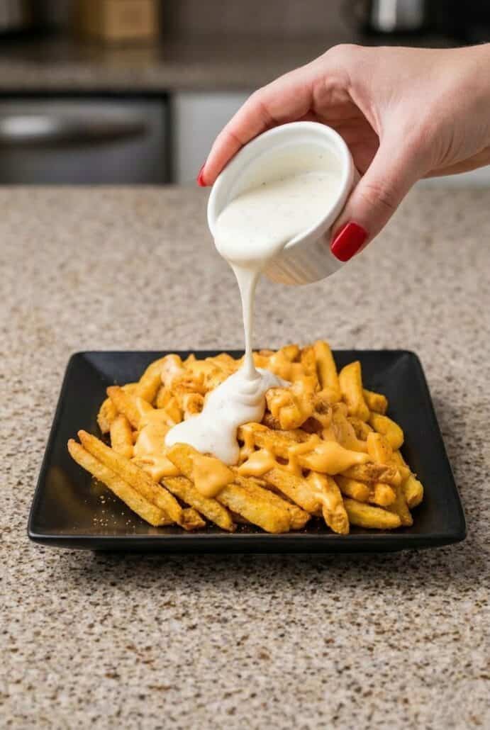 Ranch dressing being poured over Louisiana Voodoo fries with cheese sauce, showing how to assemble this loaded fries recipe.