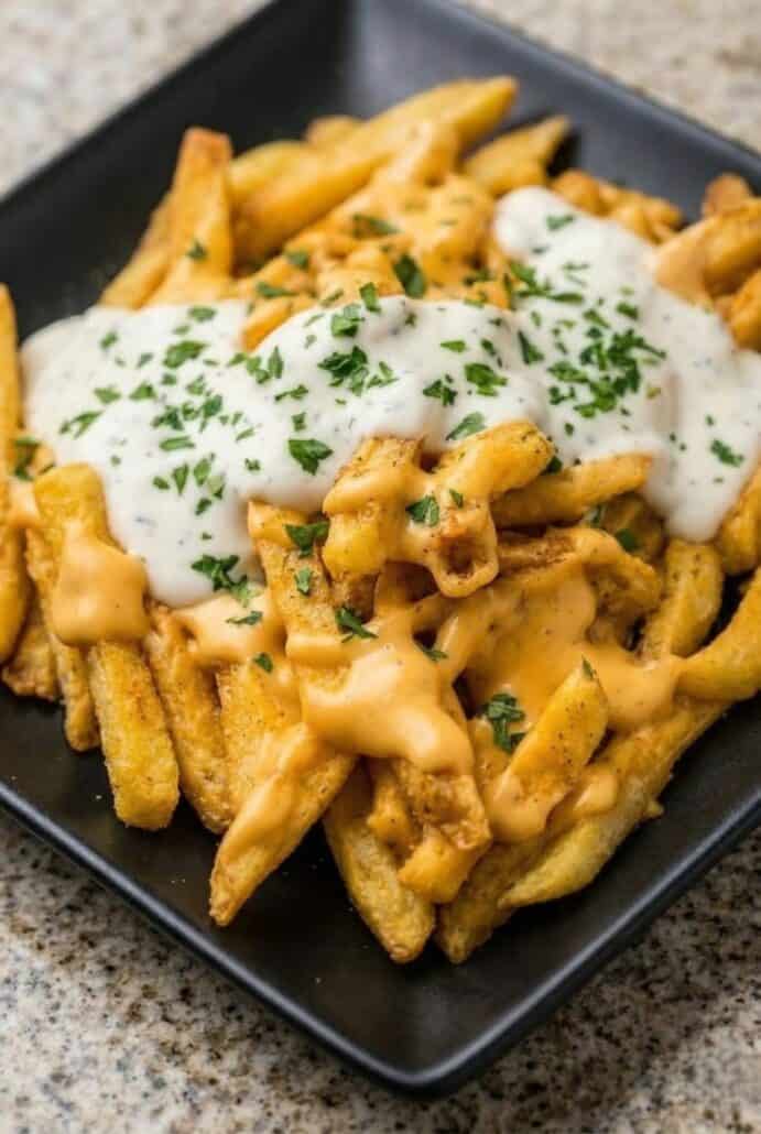 Close-up of Louisiana Voodoo fries topped with creamy cheese sauce and ranch, highlighting the rich texture and bold flavors.