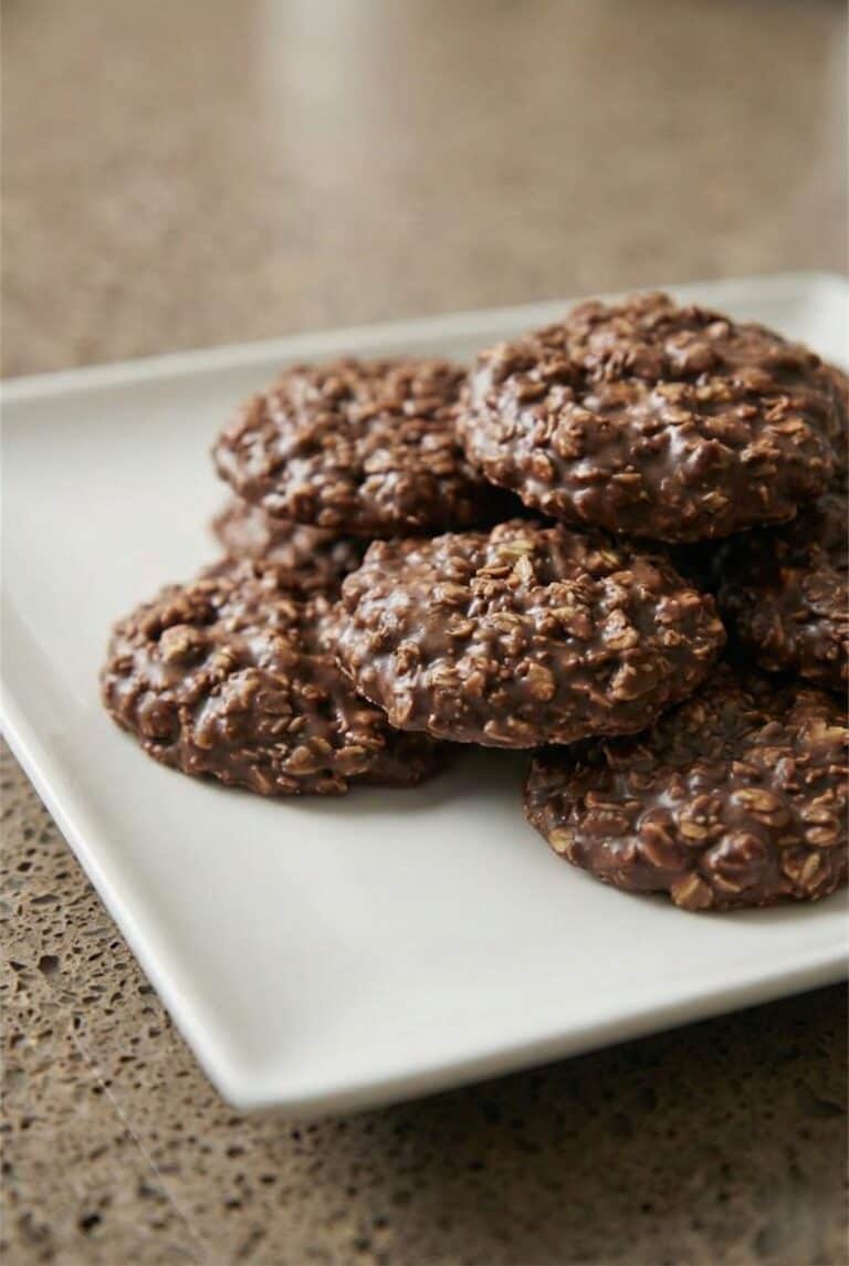 Stack of homemade no-bake chocolate oatmeal cookies on a plate, showing the rich chocolate and oat texture.