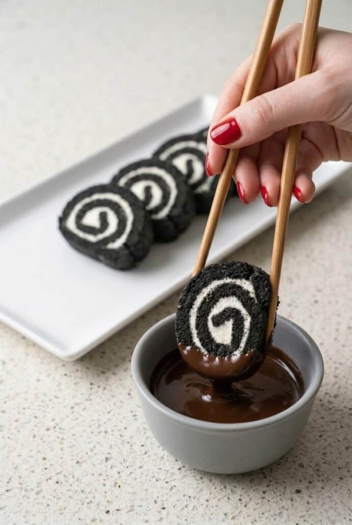 Oreo sushi roll dipped in chocolate sauce with chopsticks, showing a fun and creative way to serve this no-bake cookies and cream dessert.