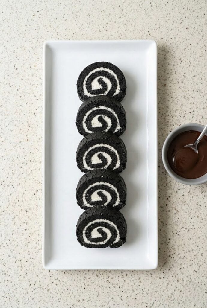 Oreo sushi slices arranged in a neat row on a plate with chocolate dipping sauce, highlighting a creative no-bake cookies and cream dessert presentation.