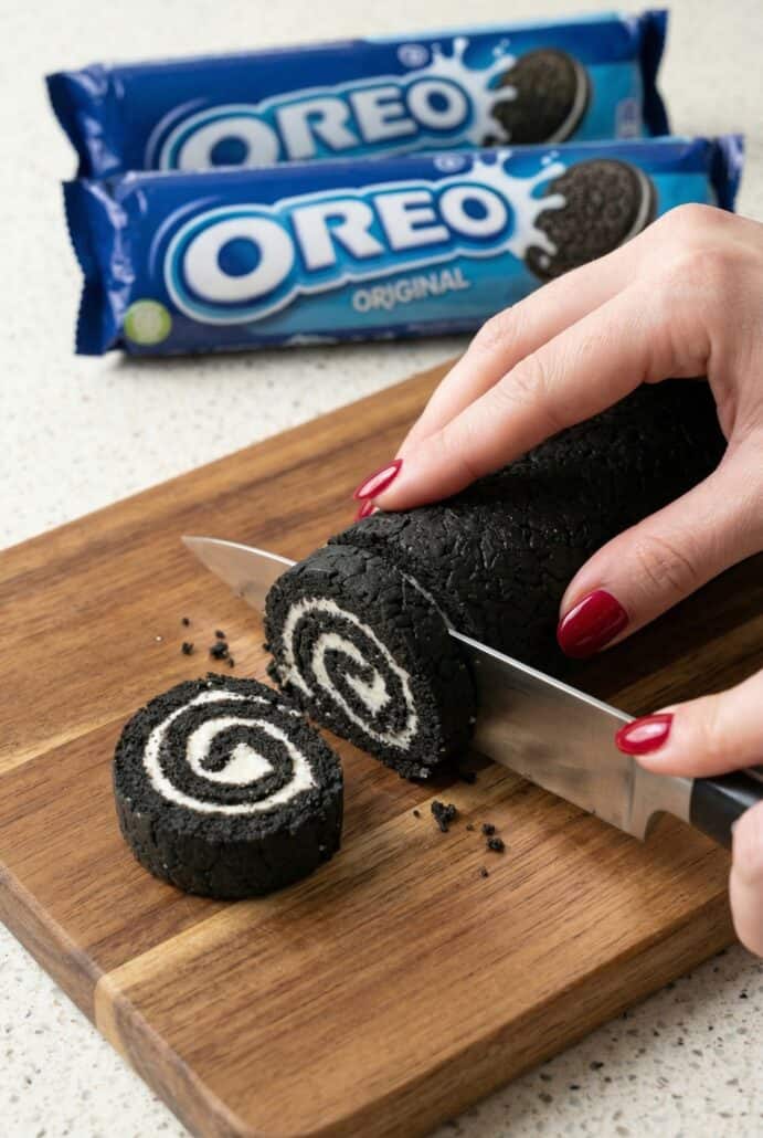 Hand slicing Oreo sushi rolls on a cutting board, showing how to cut this easy no-bake cookies and cream dessert into perfect pieces.